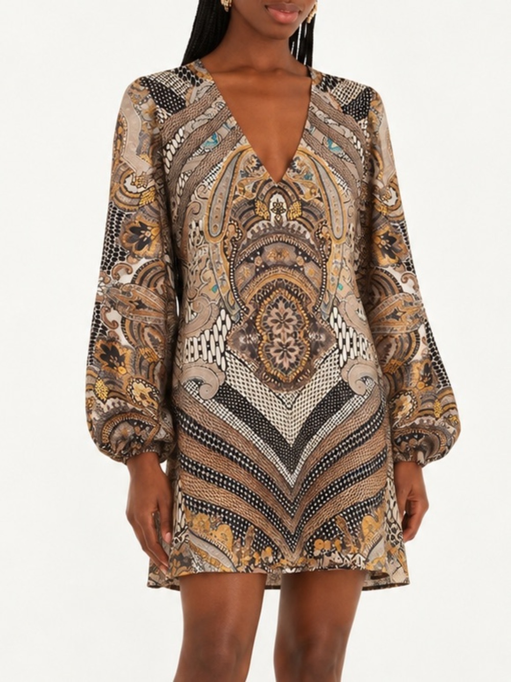 Lavender Brown Boho Paisley Shift Dress | V-Neck | Balloon Sleeve | Small